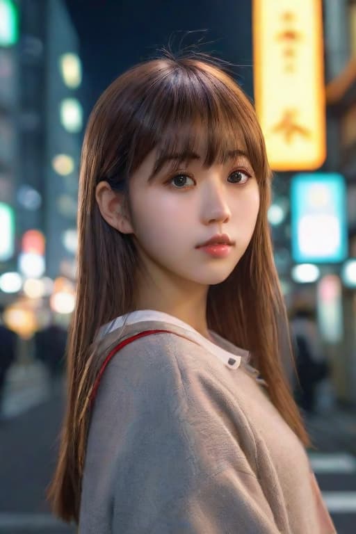  1girl, Tokyo street,night, cityscape,city lights, upper body,close-up, 8k, RAW photo, best quality, masterpiece,realistic, photo-realistic, parted bangs, long hair,front cover