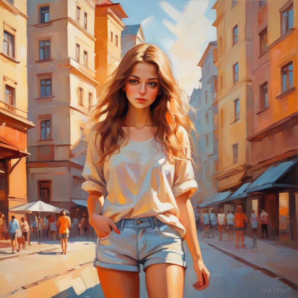  young woman in the city, in light clothes, in shorts
acrylic painting,  illustration, warm colors
in-the-nu-style,
Inspired by
mix style
Valery Barykin.
Vyacheslav Koretsky