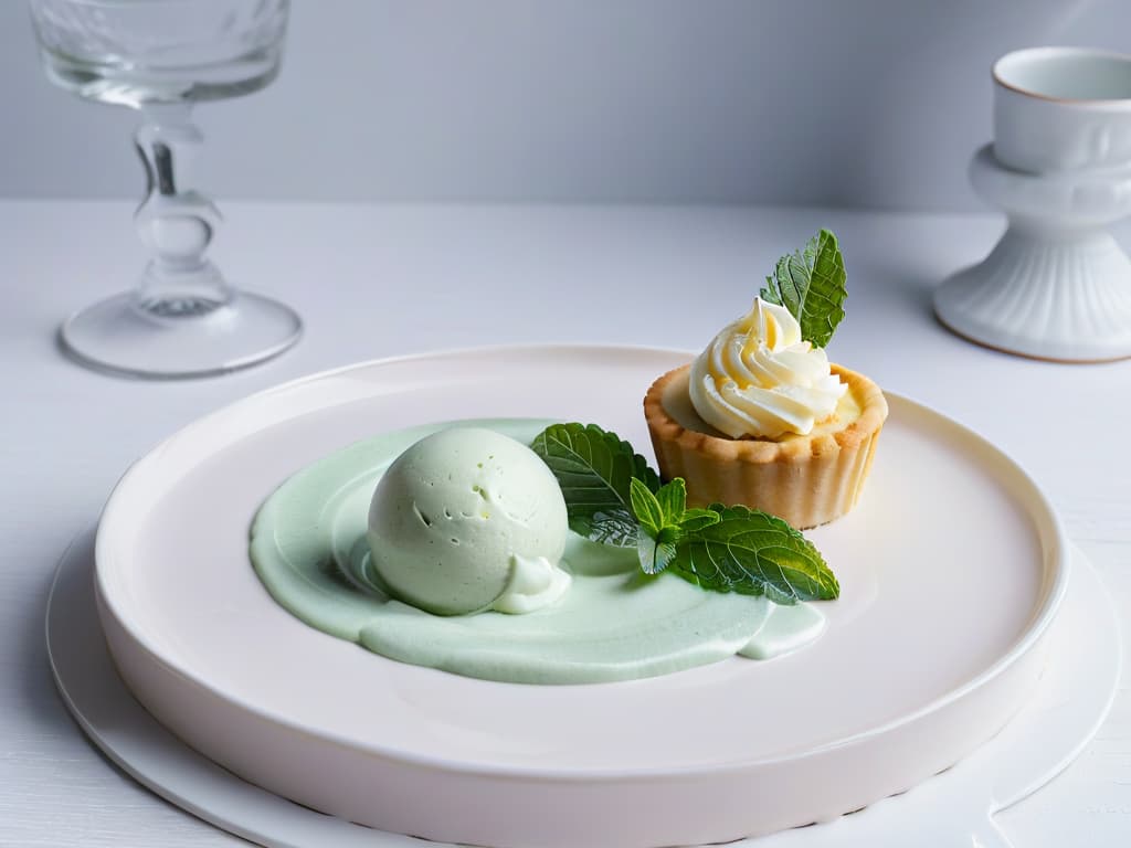  An image of a delicate, minimalist dessert plate featuring a scoop of lavenderinfused ice cream garnished with fresh mint leaves, accompanied by a small slice of rosemaryinfused lemon tart, all elegantly presented on a sleek, white porcelain dish. The ice cream glistens under soft lighting, showcasing the subtle purple hue of the lavender infusion, while the lemon tart exudes a zesty aroma next to a sprig of vibrant green rosemary. The background is a blurred, neutral backdrop that accentuates the clean lines and sophisticated simplicity of the dessert composition, perfect for the professional and inspiring tone of the article on surprising herbinfused pastry combinations. hyperrealistic, full body, detailed clothing, highly detailed, cinematic lighting, stunningly beautiful, intricate, sharp focus, f/1. 8, 85mm, (centered image composition), (professionally color graded), ((bright soft diffused light)), volumetric fog, trending on instagram, trending on tumblr, HDR 4K, 8K