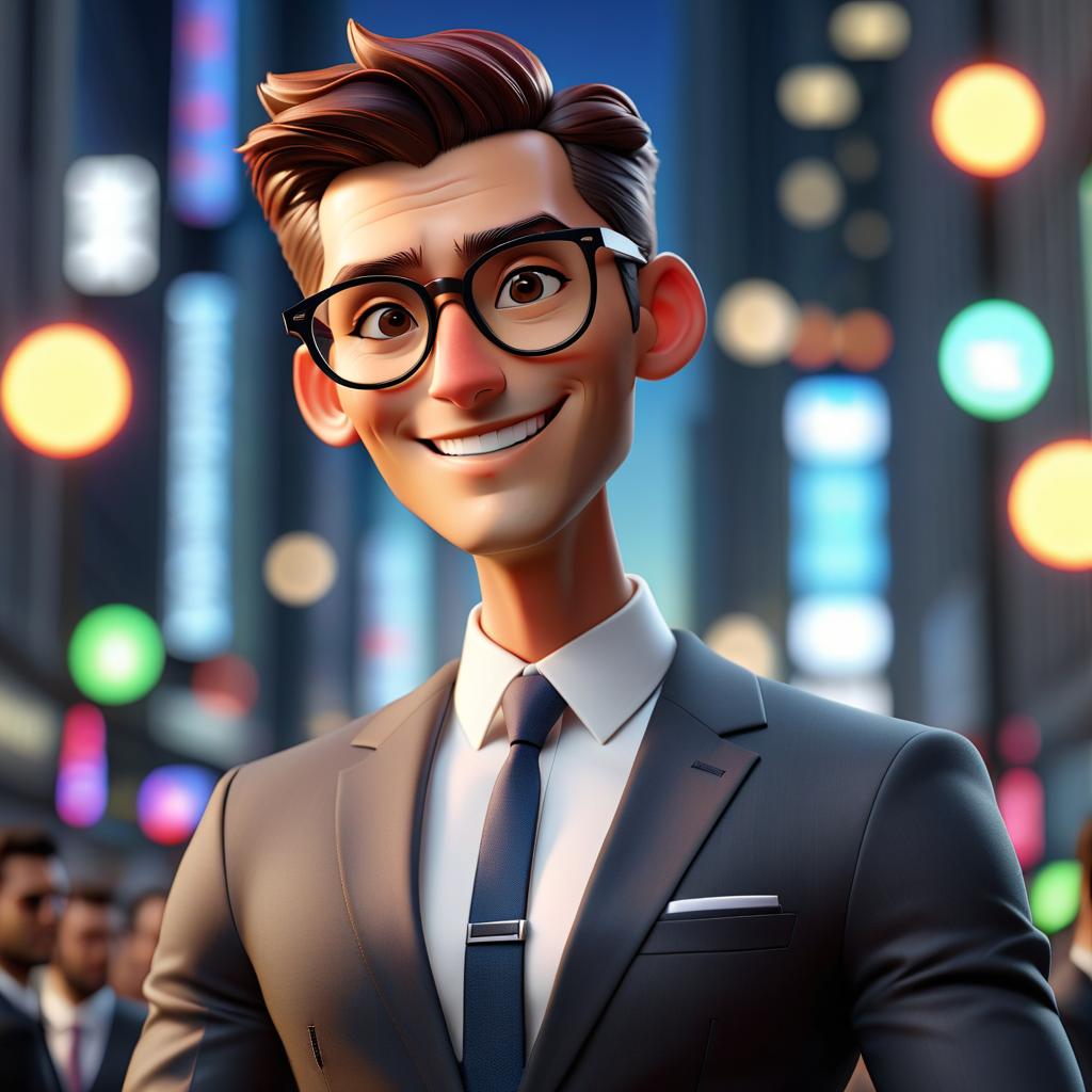  breathtaking 3D cartoon businessman smiling young man with glasses in suit on white background . award winning, professional, highly detailed hyperrealistic, full body, detailed clothing, highly detailed, cinematic lighting, stunningly beautiful, intricate, sharp focus, f/1. 8, 85mm, (centered image composition), (professionally color graded), ((bright soft diffused light)), volumetric fog, trending on instagram, trending on tumblr, HDR 4K, 8K