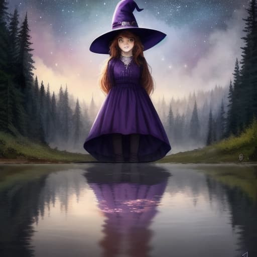  watercolor, storybook, child-book, witch, A girl in a purple hat looking at her reflection in a lake, the reflection shows her surrounded by stars, characters include: girl in purple hat, reflective lake, stars, best quality, very detailed, high resolution, sharp, sharp image hyperrealistic, full body, detailed clothing, highly detailed, cinematic lighting, stunningly beautiful, intricate, sharp focus, f/1. 8, 85mm, (centered image composition), (professionally color graded), ((bright soft diffused light)), volumetric fog, trending on instagram, trending on tumblr, HDR 4K, 8K