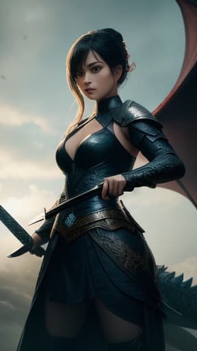 girl holding sword with dragon, High quality, High resolution, highly detailed, cinematic lighting, intricate, sharp focus, (centered image composition), (professionally color graded), ((bright soft diffused light)), volumetric fog, trending on instagram, HDR 4K, 8K