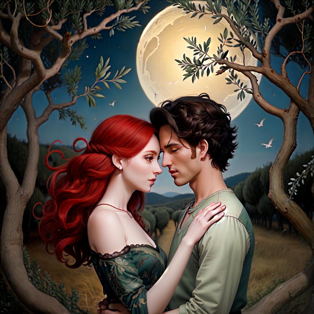  nicoletta ceccoli inspired image of a beautiful woman red hair, and man with black hair in a Tuscan olive grove, two beautifully twisted olive trees twisted together with entwined branches like the lovers, arms full of jasmine at night time and a songbird, Highly defined, highly detailed, sharp focus, (centered image composition), 4K, 8K