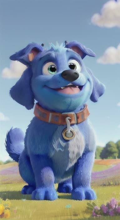  {A happy, big blue dog wagging its tail in a colorful meadow, The big blue dog is large with sky blue fur, big round eyes, a black nose, and floppy ears.