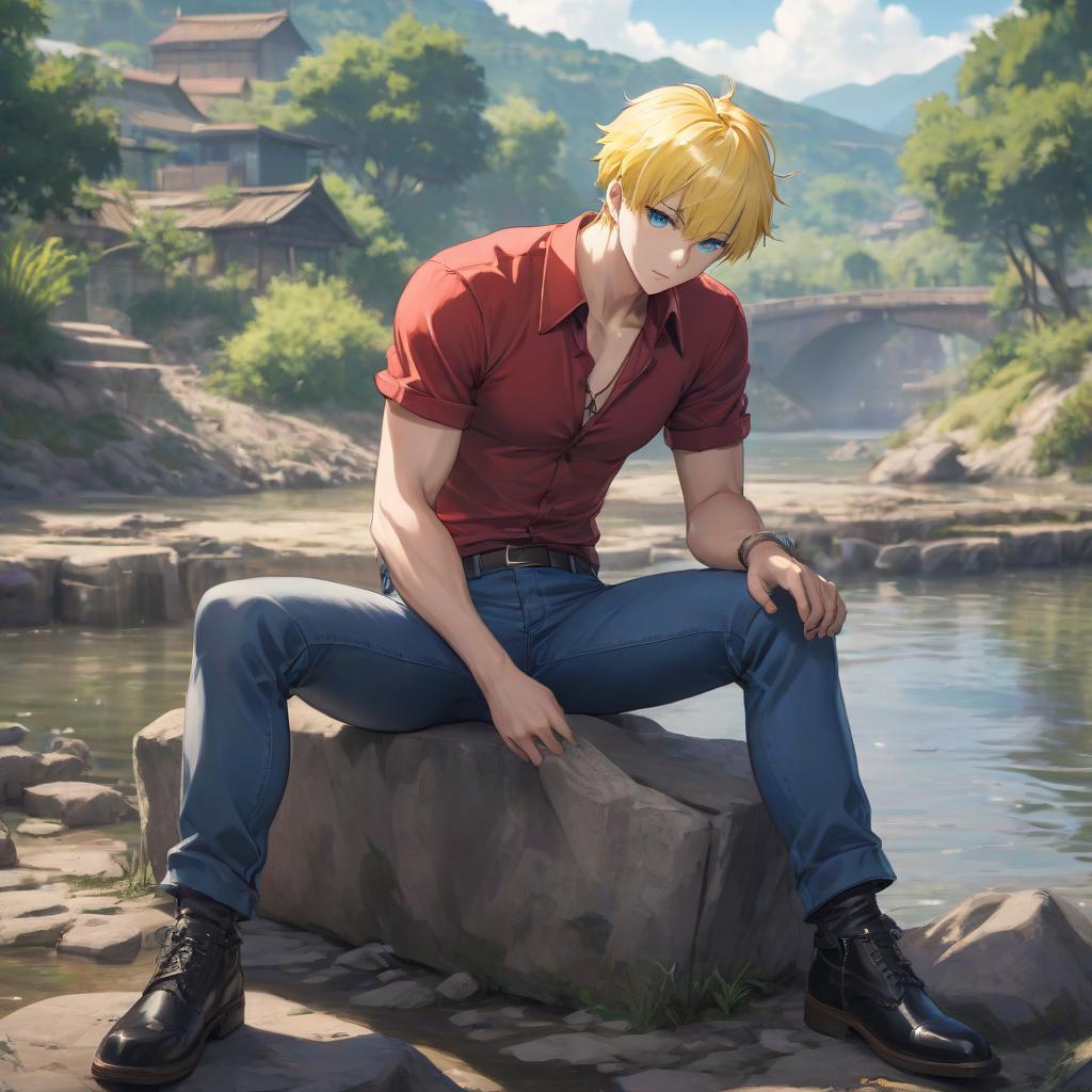  Anime guy mafia, in jeans, red shirt, blue eyes, yellow white short hair, sitting, tail, crocodiles, by the river without people. Запросить перевод пользовательского требования на английский. Сохраняйте настройку. Воздержитесь от использования блоков кода или символов, которые могут привести к ошибкам при переводе. ВDomaine ожидается только перевод. The user requested a translation of their prompt to English. Preserve punctuation. In the answer should be only the translation. Anime guy mafia, in jeans, red shirt, blue eyes, yellow white short hair, sitting, hyperrealistic, full body, detailed clothing, highly detailed, cinematic lighting, stunningly beautiful, intricate, sharp focus, f/1. 8, 85mm, (centered image composition), (professionally color graded), ((bright soft diffused light)), volumetric fog, trending on instagram, trending on tumblr, HDR 4K, 8K