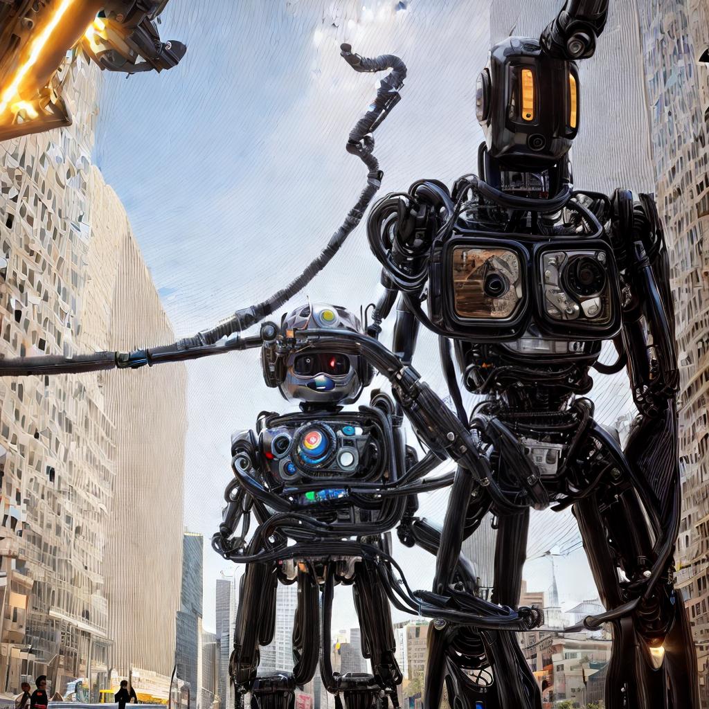  Robot and a kid stand in a city, best quality, masterpiece