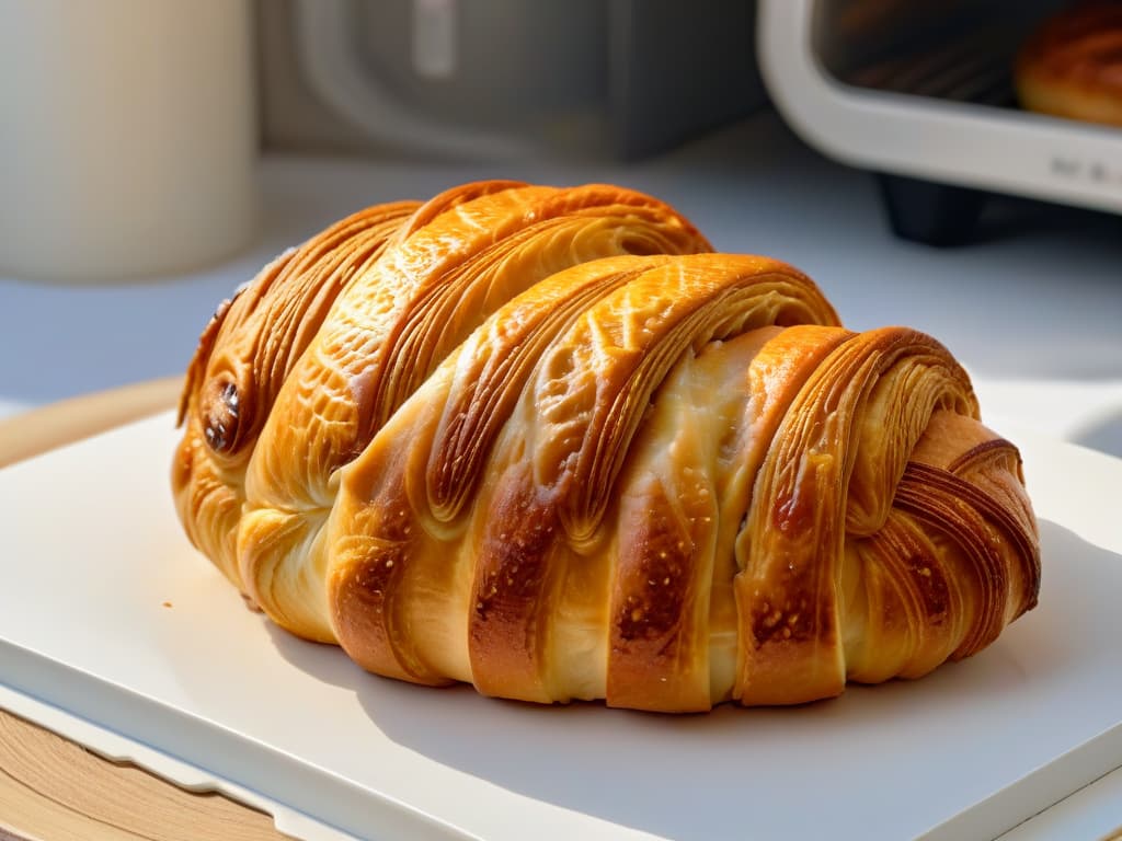  A closeup, ultradetailed image of a perfectly goldenbrown croissant fresh out of a convection oven, showcasing its flaky layers and glistening surface. The lighting highlights the texture and color variations, emphasizing the expertly baked pastry, set against a simple, clean background to enhance the minimalistic aesthetic. hyperrealistic, full body, detailed clothing, highly detailed, cinematic lighting, stunningly beautiful, intricate, sharp focus, f/1. 8, 85mm, (centered image composition), (professionally color graded), ((bright soft diffused light)), volumetric fog, trending on instagram, trending on tumblr, HDR 4K, 8K