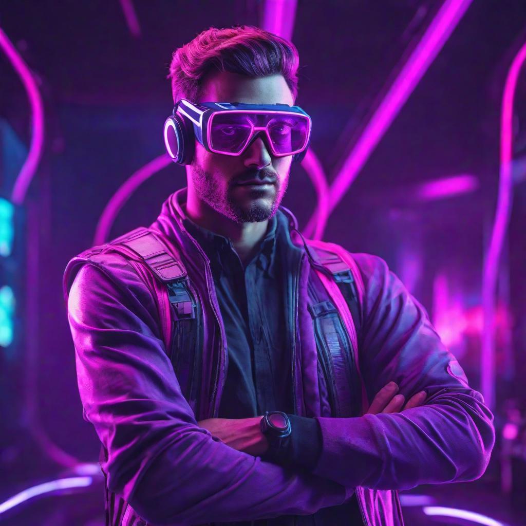  gamer man in ar glasses, futuristic retro style, neon pink and violet colors,, cute, hyper detail, full HD hyperrealistic, full body, detailed clothing, highly detailed, cinematic lighting, stunningly beautiful, intricate, sharp focus, f/1. 8, 85mm, (centered image composition), (professionally color graded), ((bright soft diffused light)), volumetric fog, trending on instagram, trending on tumblr, HDR 4K, 8K