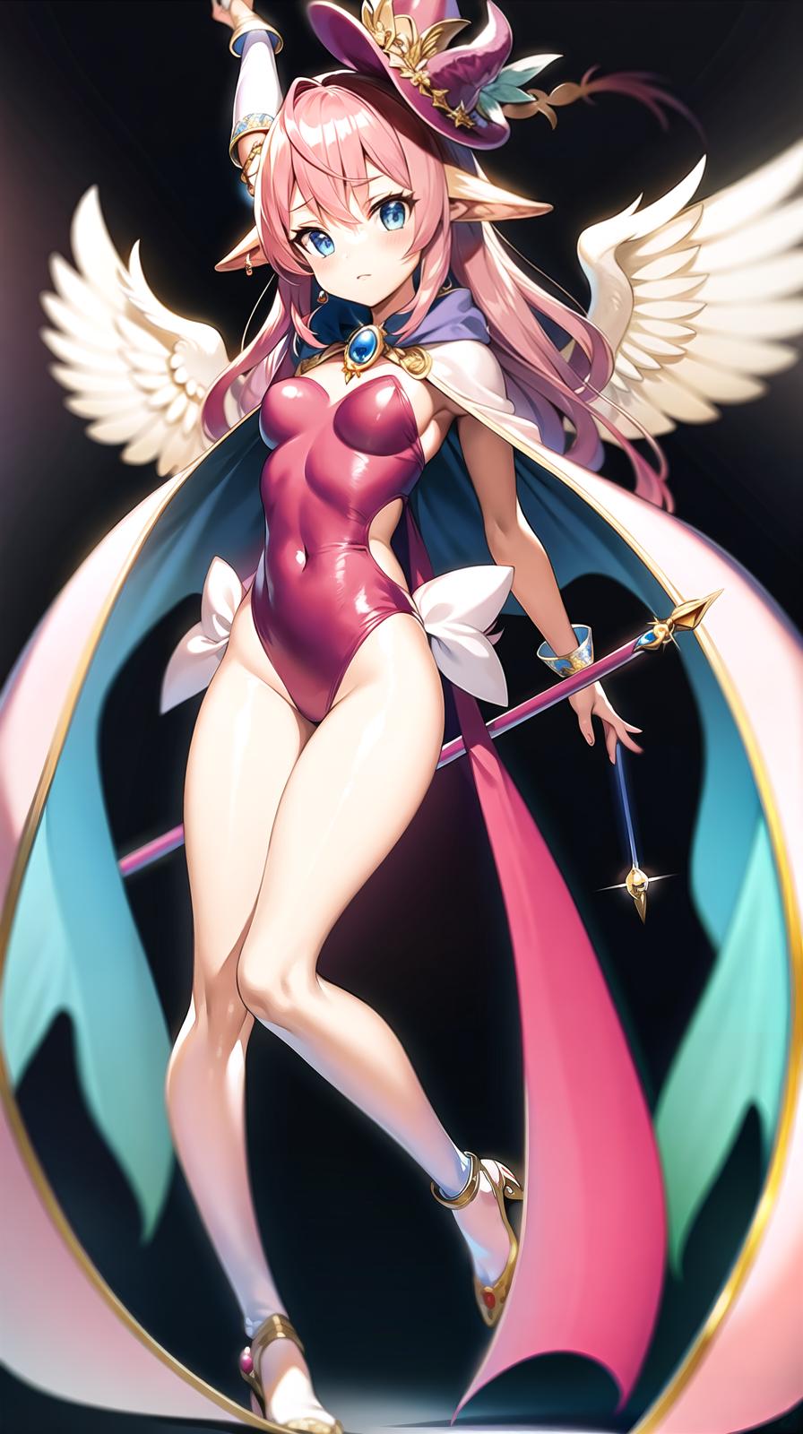  master piece , best quality,Magical hat, magical wand, jewelry, leotard, long cape, ribbons, angel rings, angel wings, long pink two side up hair, big s, costume in red, transformation, full body