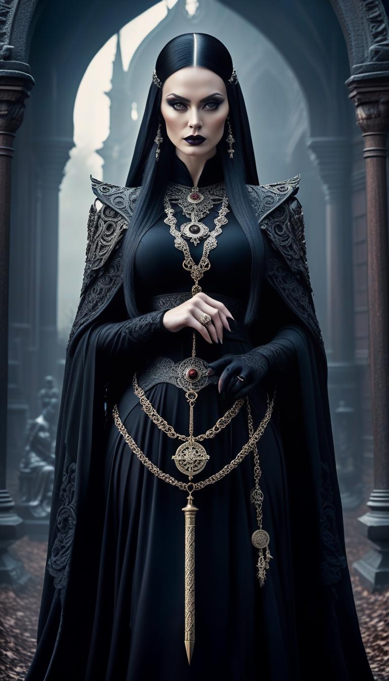  gothic style Alexander Murayeva School of Esotericism Path of Dao . dark, mysterious, haunting, dramatic, ornate, detailed hyperrealistic, full body, detailed clothing, highly detailed, cinematic lighting, stunningly beautiful, intricate, sharp focus, f/1. 8, 85mm, (centered image composition), (professionally color graded), ((bright soft diffused light)), volumetric fog, trending on instagram, trending on tumblr, HDR 4K, 8K