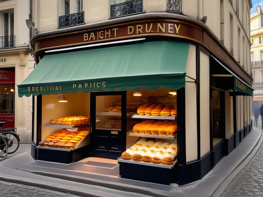  An ultradetailed image of a serene French bakery nestled in a quaint cobblestone street in Paris. The bakery's storefront is adorned with intricate wroughtiron details, showcasing a variety of classic pastries like croissants and eclairs displayed in elegant glass cases. The soft morning light filters through the windows, casting a warm glow on the goldenbrown pastries, while a subtle hint of steam rises from a freshly baked batch. The scene exudes a timeless charm, inviting viewers to step into a world of delicious treats and artisanal craftsmanship. hyperrealistic, full body, detailed clothing, highly detailed, cinematic lighting, stunningly beautiful, intricate, sharp focus, f/1. 8, 85mm, (centered image composition), (professionally color graded), ((bright soft diffused light)), volumetric fog, trending on instagram, trending on tumblr, HDR 4K, 8K