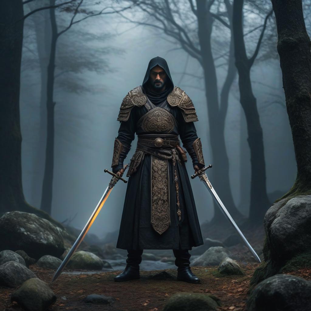  gothic style A warrior monk from the north, long sword, bear. . dark, mysterious, haunting, dramatic, ornate, detailed hyperrealistic, full body, detailed clothing, highly detailed, cinematic lighting, stunningly beautiful, intricate, sharp focus, f/1. 8, 85mm, (centered image composition), (professionally color graded), ((bright soft diffused light)), volumetric fog, trending on instagram, trending on tumblr, HDR 4K, 8K