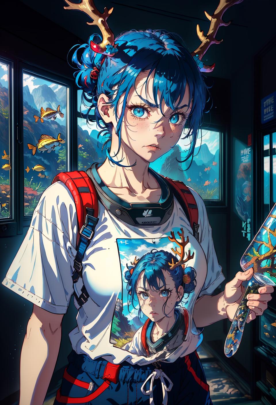  ((trending, highres, masterpiece, cinematic shot)), 1girl, mature, female hiking gear, large, aquarium scene, very short messy blue hair, hair in a bun, large heterochromia eyes, vain, self-centered personality, angry expression, antlers, fair skin, magical, energetic