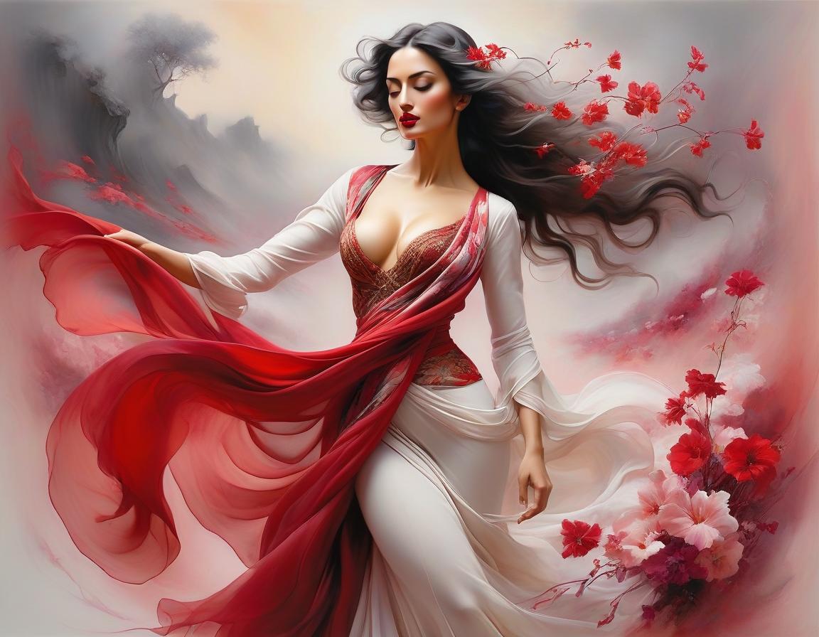  abstract expressionist painting depict an spanish woman, dancing, flowing floral scarf, elegant body lining. the backdrop is an ethereal spanish dreamscape of soft tones crimson, red, off white, magenta, grey. highly detailed. magic realism. alchemy. pastels, pen, ink and wash. luis royo, joaquin sorolla, georgia o’keeffe, arthur rackham. highest quality . energetic brushwork, bold colors, abstract forms, expressive, emotional hyperrealistic, full body, detailed clothing, highly detailed, cinematic lighting, stunningly beautiful, intricate, sharp focus, f/1. 8, 85mm, (centered image composition), (professionally color graded), ((bright soft diffused light)), volumetric fog, trending on instagram, trending on tumblr, HDR 4K, 8K