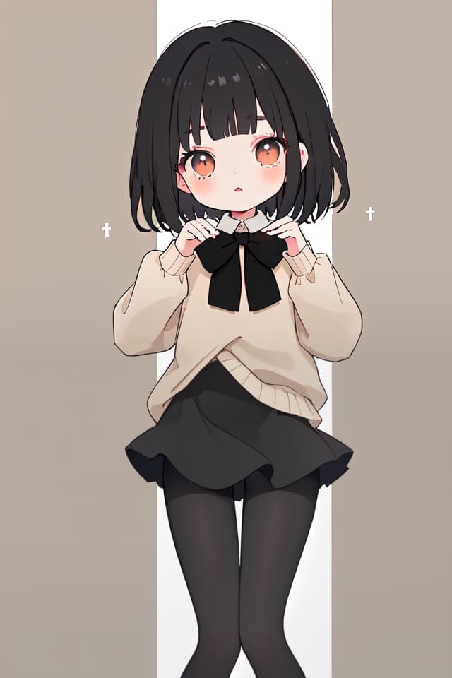  Beige long sleeves, beautiful girls, black skirts, black tights, black hair