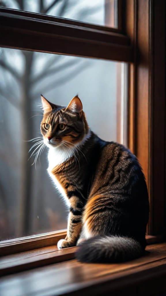  [Whiskers is seen cautiously peering out the window with wide eyes, her curiosity still evident as she watches birds flit by. She then jumps back and settles on a cozy spot inside the house, surrounded by familiar sights and smells. The sense of relief is palpable as she curls up contentedly, her adventurous spirit momentarily subdued.] hyperrealistic, full body, detailed clothing, highly detailed, cinematic lighting, stunningly beautiful, intricate, sharp focus, f/1. 8, 85mm, (centered image composition), (professionally color graded), ((bright soft diffused light)), volumetric fog, trending on instagram, trending on tumblr, HDR 4K, 8K