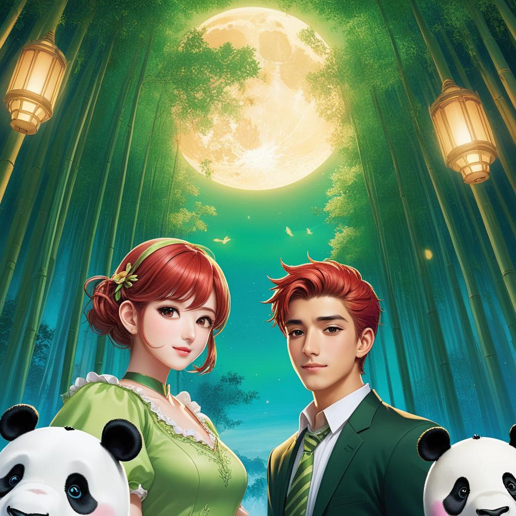  anime artwork Girl with red hair, girl with green dress, boy with panda nose. Bamboo forest at night, under the full moon. Lanterns. . anime style, key visual, vibrant, studio anime,  highly detailed