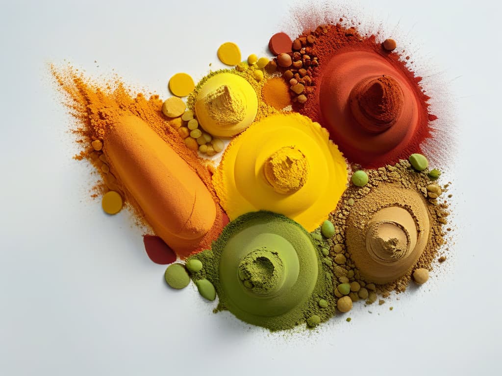  A closeup, ultradetailed image of vibrant food colorants in powder form, arranged in a gradient from deep red to bright yellow, against a stark white background. The fine particles catch the light, showcasing their texture and intense pigmentation, appealing to the viewer's senses and creativity. hyperrealistic, full body, detailed clothing, highly detailed, cinematic lighting, stunningly beautiful, intricate, sharp focus, f/1. 8, 85mm, (centered image composition), (professionally color graded), ((bright soft diffused light)), volumetric fog, trending on instagram, trending on tumblr, HDR 4K, 8K