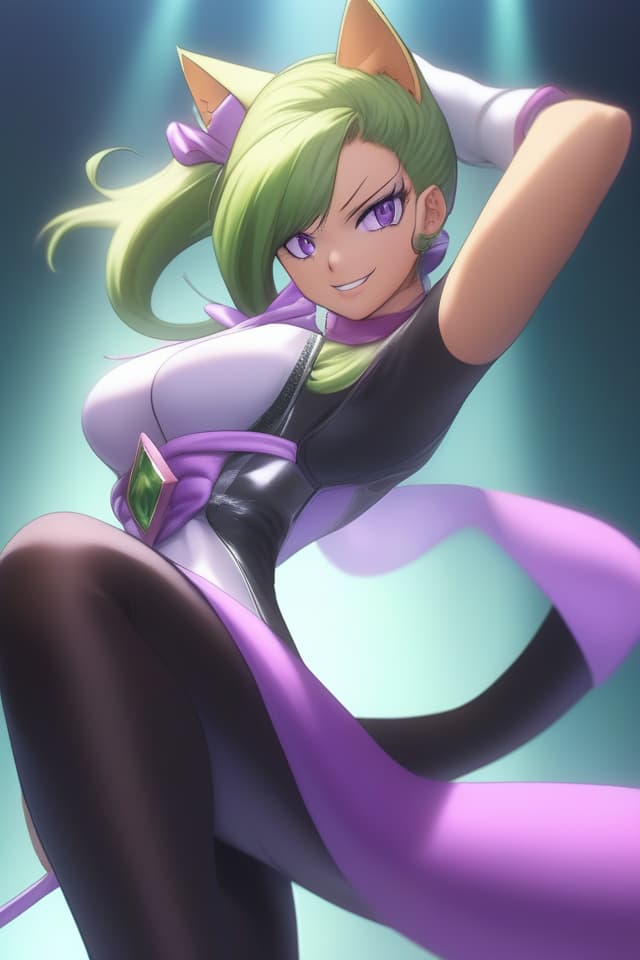  (Silver Color Low Ponytail: 1.2), Break, (Cats Ear, Put A Big Green Color Ribbon on the Head: 1.4), (Purple Eyes, Jitome: 1.4) ONE PIECE: 1.4 ), Black Tights, from Below, Looking Back, (Absurdres, masterpiece, ultimate quality), official art, aesthetic, (diffusion lighting, environmental lighting), detailed skin textures, best shadows, very detailed, colorful, colorful, colorful. 8K Wallpaper, Raw Photoristic Detailed, Dutch Angle, 💩, 💩, 💩, hyperrealistic, full body, detailed clothing, highly detailed, cinematic lighting, stunningly beautiful, intricate, sharp focus, f/1. 8, 85mm, (centered image composition), (professionally color graded), ((bright soft diffused light)), volumetric fog, trending on instagram, trending on tumblr, HDR 4K, 8K