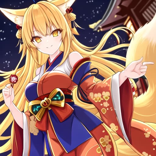  cute fox girl, yellow hair, Japanese outfits