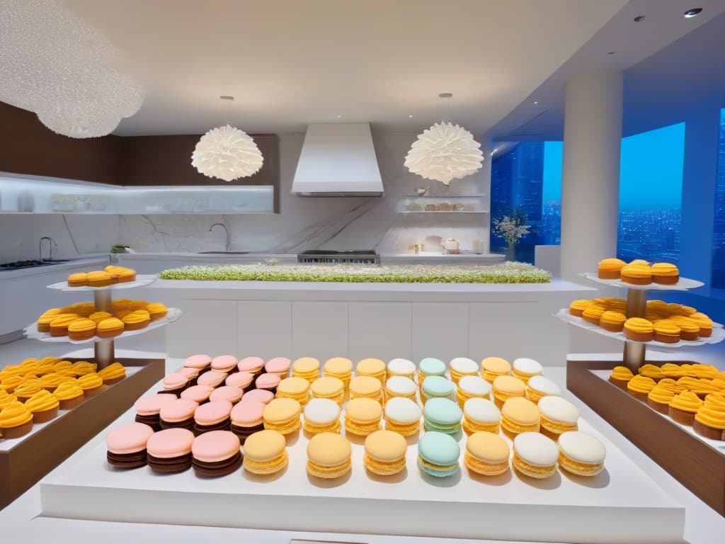  An ultradetailed image of a sleek, modern kitchen filled with an array of pastelcolored macarons and delicate cupcakes displayed on marble countertops. In the background, a group of diverse influencers, each with unique styles and personalities, are engaged in a lively discussion with a pastry chef, exchanging ideas and collaborating on a new dessert creation. The scene captures the essence of creativity, collaboration, and innovation in the world of pastry influencers, with a focus on teamwork and partnership. hyperrealistic, full body, detailed clothing, highly detailed, cinematic lighting, stunningly beautiful, intricate, sharp focus, f/1. 8, 85mm, (centered image composition), (professionally color graded), ((bright soft diffused light)), volumetric fog, trending on instagram, trending on tumblr, HDR 4K, 8K