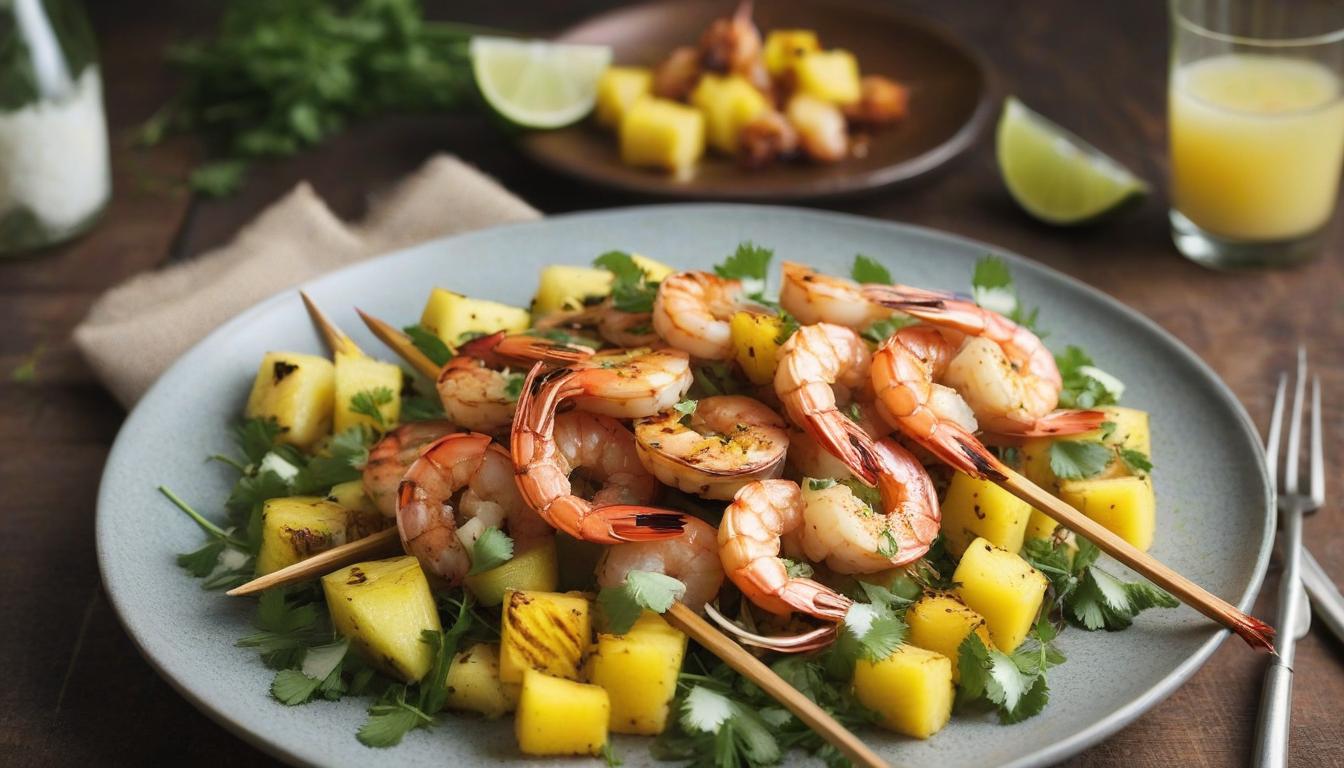  Food photography style Serve the Grilled Shrimp and Pineapple Skewers with Coconut Lime Glaze as a main course or as a delightful appetizer, Garnish with additional chopped cilantro and a squeeze of lime juice, if desired, These skewers pair perfectly with steamed rice, quinoa, or a fresh salad on the side, tropical background, presentation ideas, served in a beautiful plate, on a beautiful dining table, gourmet meal, beautiful personalized serving with star presentation, masterpiece, luxuriously served, studio photography, professional photography , ultra realistic, rich texture layers, studio lights, long shot, hyper detail, HD, HQ, 4k, 3D, . Appetizing, professional, culinary, high resolution, commercial, highly detailed hyperrealistic, full body, detailed clothing, highly detailed, cinematic lighting, stunningly beautiful, intricate, sharp focus, f/1. 8, 85mm, (centered image composition), (professionally color graded), ((bright soft diffused light)), volumetric fog, trending on instagram, trending on tumblr, HDR 4K, 8K