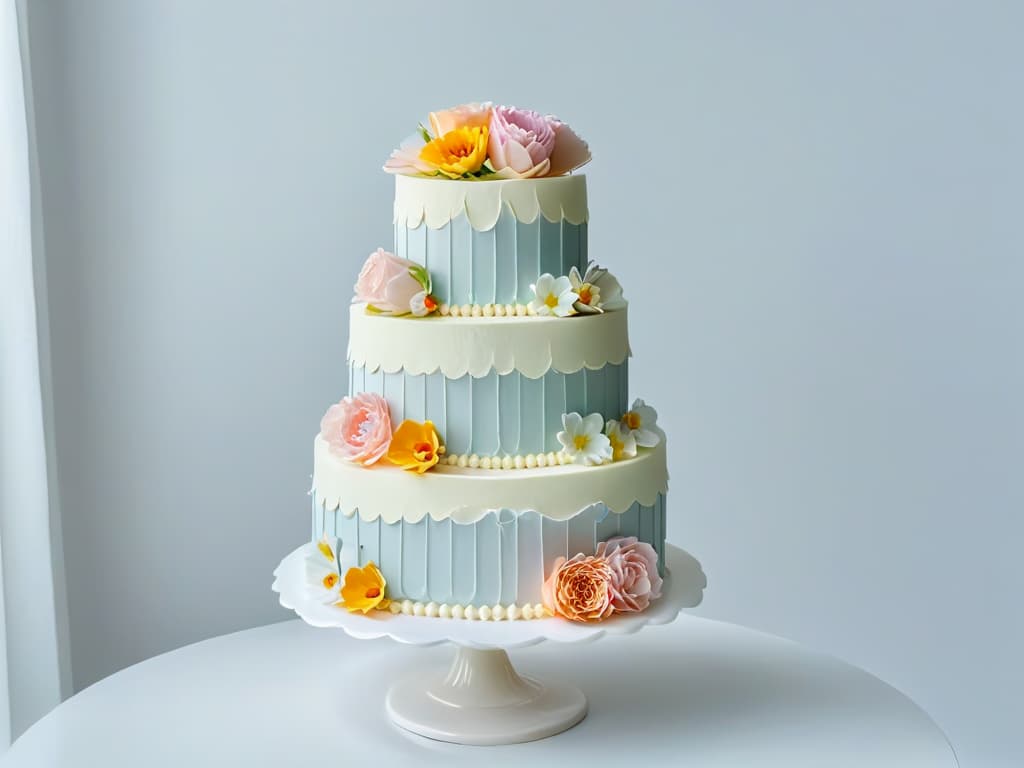  An image of a beautifully decorated threetiered cake with intricate piping and delicate sugar flowers, all in varying shades of pastel colors. The cake is displayed on a crisp white cake stand against a clean, minimalistic background, highlighting the exquisite details of the confectionary masterpiece. hyperrealistic, full body, detailed clothing, highly detailed, cinematic lighting, stunningly beautiful, intricate, sharp focus, f/1. 8, 85mm, (centered image composition), (professionally color graded), ((bright soft diffused light)), volumetric fog, trending on instagram, trending on tumblr, HDR 4K, 8K