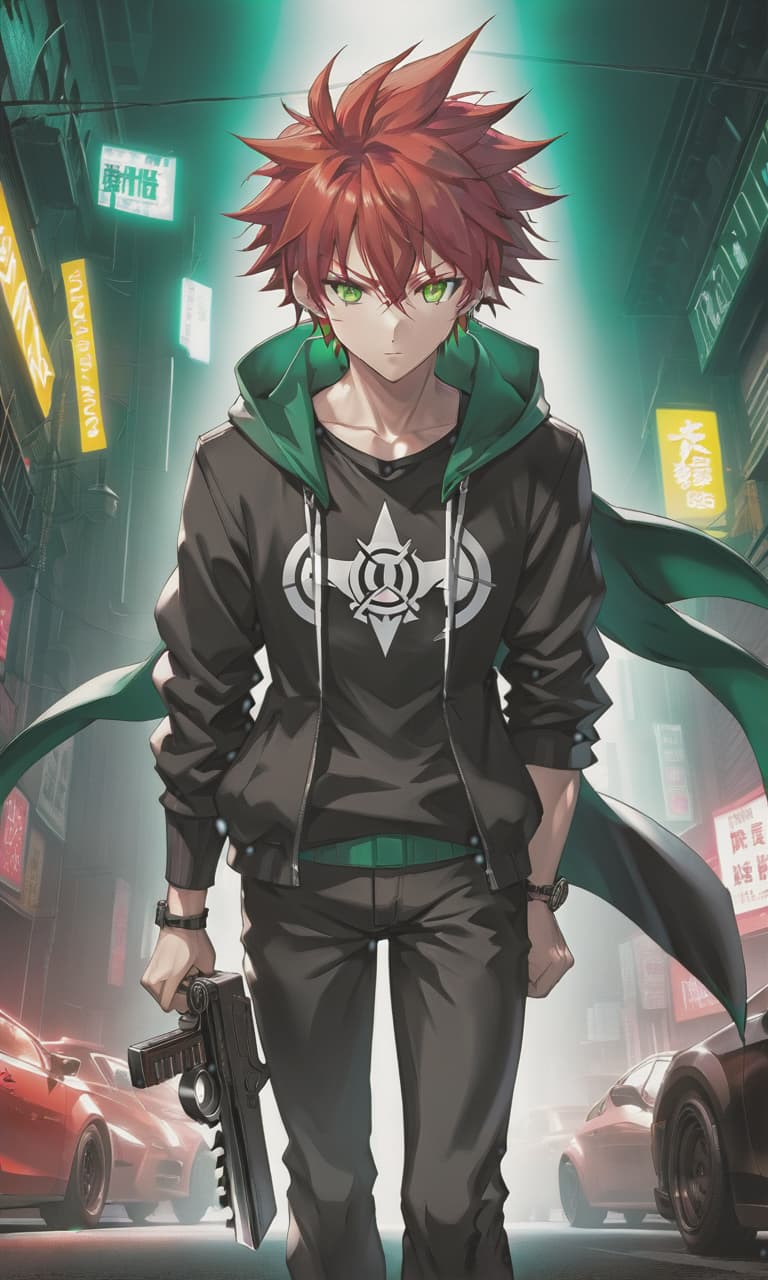  anime artwork 1guy, solo, full body, red head, y2k style, (male focus:2), green eyes, dark theme, horror, demon, goes, looks at the viewer, black and white clothes . anime style, key visual, vibrant, studio anime, highly detailed hyperrealistic, full body, detailed clothing, highly detailed, cinematic lighting, stunningly beautiful, intricate, sharp focus, f/1. 8, 85mm, (centered image composition), (professionally color graded), ((bright soft diffused light)), volumetric fog, trending on instagram, trending on tumblr, HDR 4K, 8K