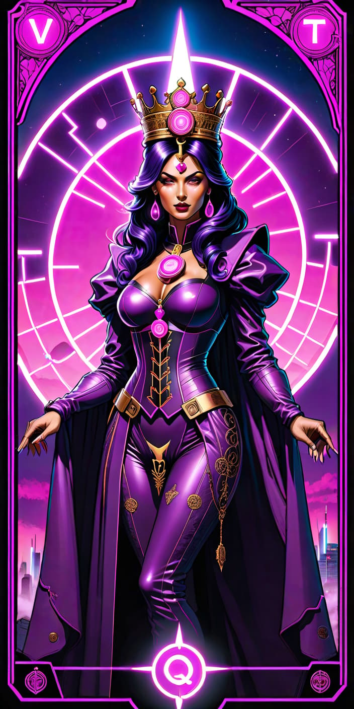  neonpunk style Queen of Pentacles Tarot Card . cyberpunk, vaporwave, neon, vibes, vibrant, stunningly beautiful, crisp, detailed, sleek, ultramodern, magenta highlights, dark purple shadows, high contrast, cinematic, ultra detailed, intricate, professional hyperrealistic, full body, detailed clothing, highly detailed, cinematic lighting, stunningly beautiful, intricate, sharp focus, f/1. 8, 85mm, (centered image composition), (professionally color graded), ((bright soft diffused light)), volumetric fog, trending on instagram, trending on tumblr, HDR 4K, 8K