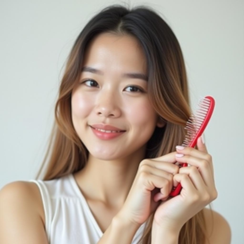  good quality, high quality, stress asian young woman, girl hand holding comb show her hairbrush with loss, hair in brush after brushing, hair fall out problem. health care, beauty with treatment concept, isolated on background.