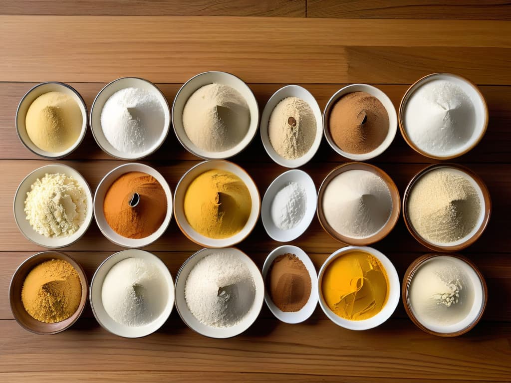  A beautifully styled, minimalist image of a variety of alternative flours neatly arranged in small bowls on a light, wooden tabletop. Each bowl is labeled with the name of the flour it contains, showcasing a range of options such as almond, coconut, chickpea, and rice flour. The soft natural light filtering in from a nearby window casts gentle shadows, adding depth and warmth to the scene. The simplicity and elegance of the composition reflect the sophisticated exploration of alternative flours in baking, inviting the viewer to delve into the world of wheatfree pastry challenges. hyperrealistic, full body, detailed clothing, highly detailed, cinematic lighting, stunningly beautiful, intricate, sharp focus, f/1. 8, 85mm, (centered image composition), (professionally color graded), ((bright soft diffused light)), volumetric fog, trending on instagram, trending on tumblr, HDR 4K, 8K