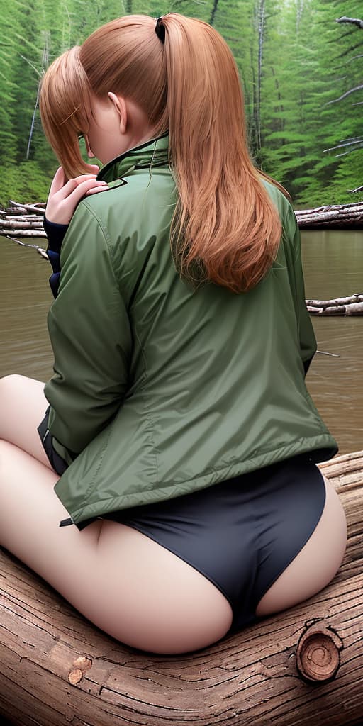  woman-sitting with her back, on a log, in the taiga, in a jacket, bare butt