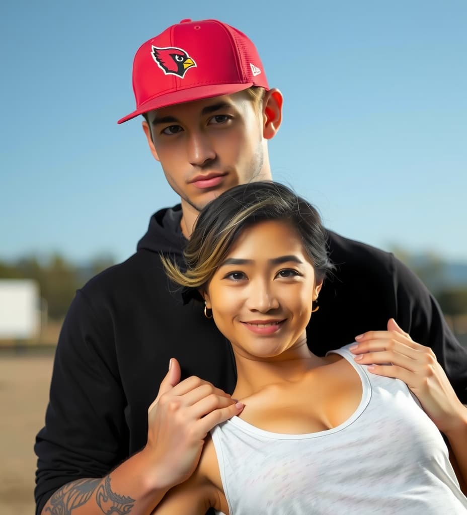  good quality, high quality, fit caucasian man with short blonde hair, tribal tattoos on arms wearing nfl arizona cardinals baseball hat holding in his arms a beautiful asian woman