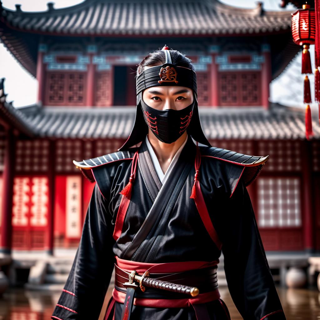  cinematic film still The assassin in a Ninja costume with glowing eyes stands with a blood-stained sword in front of an ancient Chinese house as droplets of blood fly around them. . shallow depth of field, vignette, highly detailed, high budget, bokeh, cinemascope, moody, epic, gorgeous, film grain, grainy