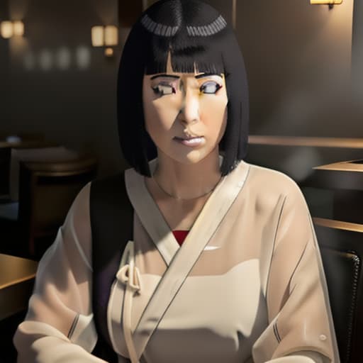  portrait of hinata hyuga sitting in restaurant hyperrealistic, full body, detailed clothing, highly detailed, cinematic lighting, stunningly beautiful, intricate, sharp focus, f/1. 8, 85mm, (centered image composition), (professionally color graded), ((bright soft diffused light)), volumetric fog, trending on instagram, trending on tumblr, HDR 4K, 8K