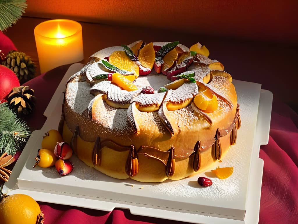  An intricately decorated homemade Roscón de Reyes, dusted with powdered sugar and adorned with vibrant candied fruits and slivered almonds, sitting on a rustic wooden table against a backdrop of soft winter light filtering through a window, casting a warm glow on the golden pastry. hyperrealistic, full body, detailed clothing, highly detailed, cinematic lighting, stunningly beautiful, intricate, sharp focus, f/1. 8, 85mm, (centered image composition), (professionally color graded), ((bright soft diffused light)), volumetric fog, trending on instagram, trending on tumblr, HDR 4K, 8K