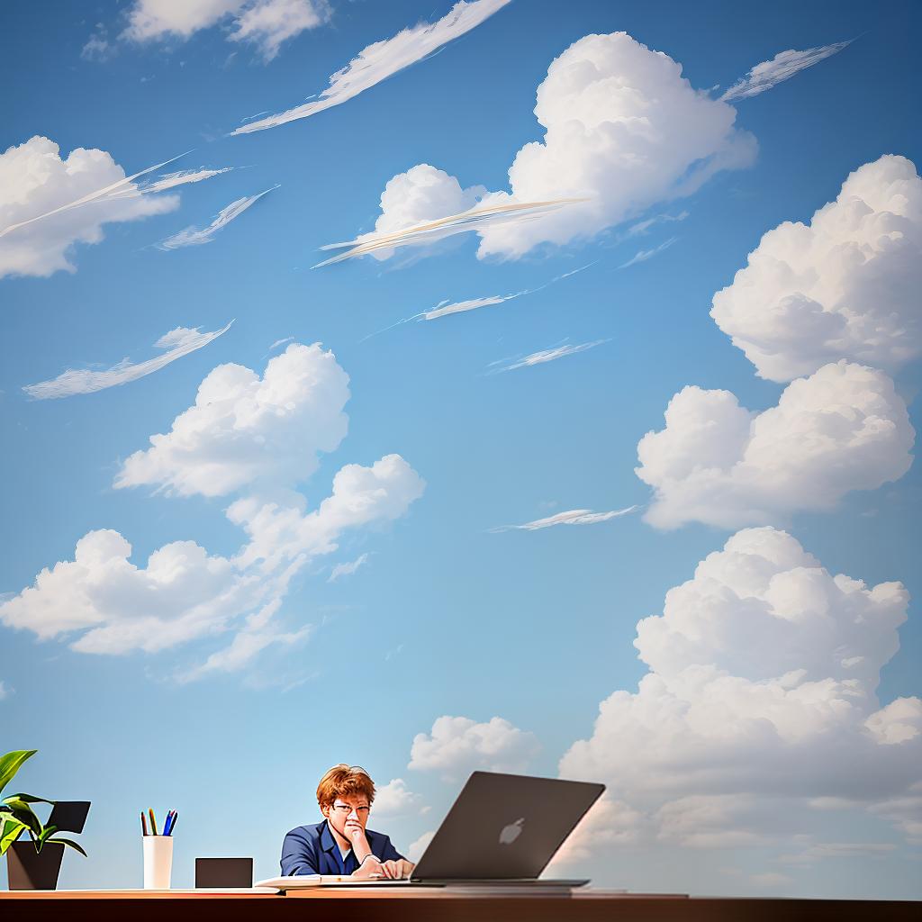  masterpiece, best quality, A person started doing the work with a laptop in the front of him in the office. He is imagining how to complete the work without knowing what to do. Draw the cloud with question mark in it. He is beating his head