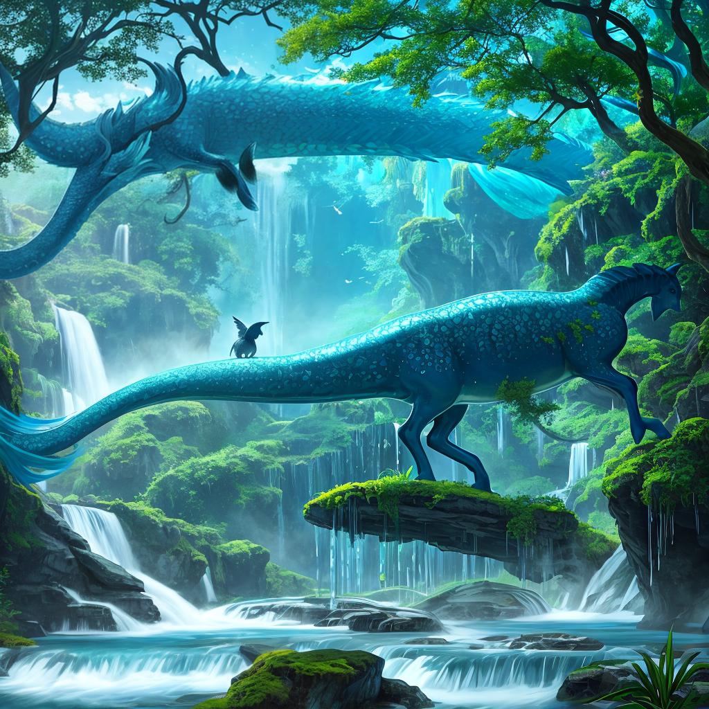  with aquatic elements, Paint a surreal landscape where mythical beasts roam amidst cascading waterfalls.