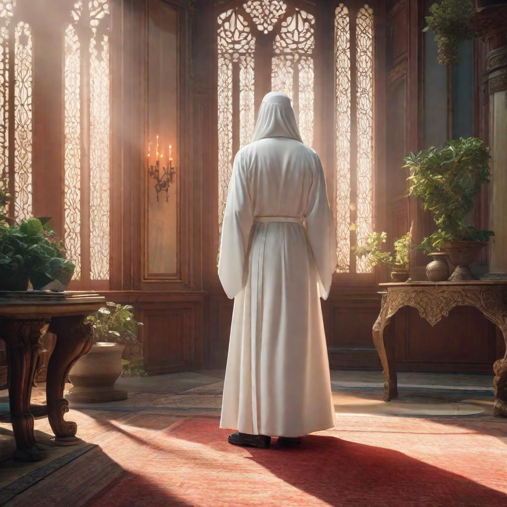  An image shows a man wearing a white abaya carrying a paper entering a room., anime concept art by Hayao Miyazaki, featured on pixiv, fantasy art, concept art, official art, high detailed hyperrealistic, full body, detailed clothing, highly detailed, cinematic lighting, stunningly beautiful, intricate, sharp focus, f/1. 8, 85mm, (centered image composition), (professionally color graded), ((bright soft diffused light)), volumetric fog, trending on instagram, trending on tumblr, HDR 4K, 8K