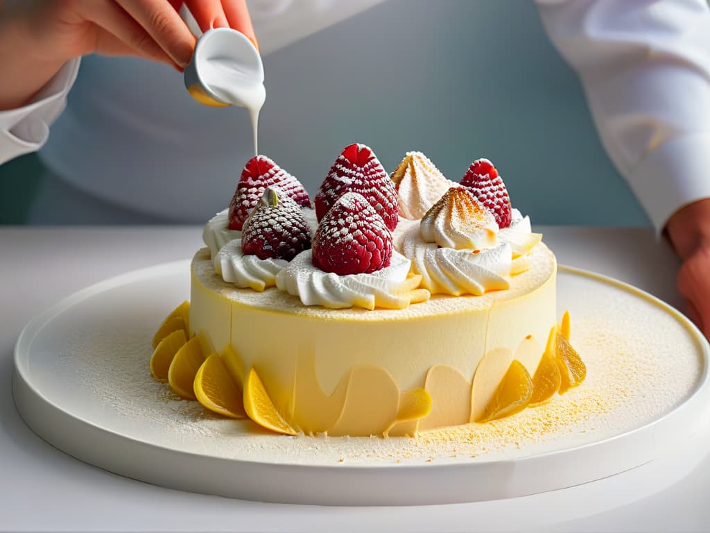  An ultradetailed, photorealistic image of a chef carefully sprinkling vibrant, freezedried raspberry powder onto a perfectly plated deconstructed lemon meringue pie. The chef's skilled hands are in sharp focus, capturing every tiny speck of powder as it falls delicately onto the dessert. The dessert itself is a work of art, with layers of lemon custard, torched meringue peaks, and a garnish of fresh mint leaves, all set against a sleek, modern backdrop. The lighting is soft yet precise, highlighting the textures and colors of the dish in exquisite detail. hyperrealistic, full body, detailed clothing, highly detailed, cinematic lighting, stunningly beautiful, intricate, sharp focus, f/1. 8, 85mm, (centered image composition), (professionally color graded), ((bright soft diffused light)), volumetric fog, trending on instagram, trending on tumblr, HDR 4K, 8K