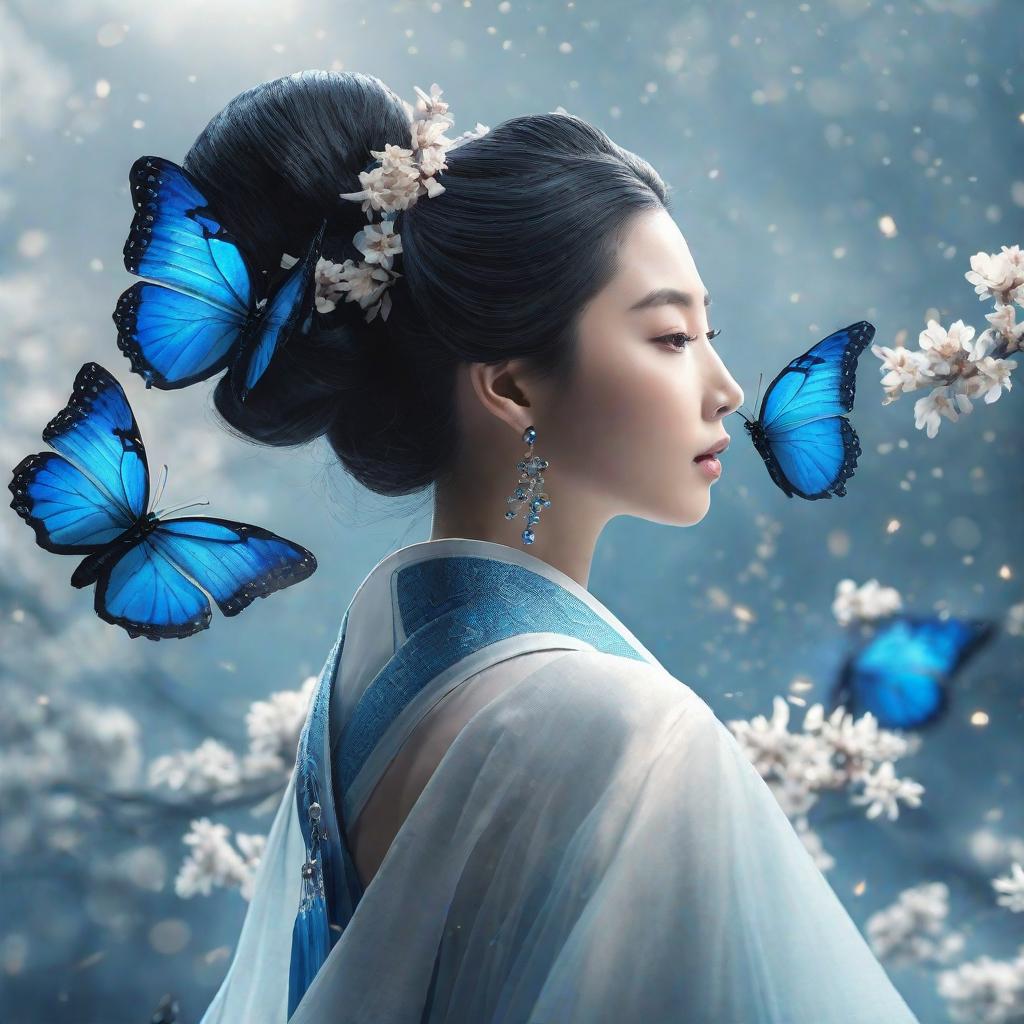  masterpiece, best quality, (Fidelity: 1.4), Best Quality, Masterpiece, Ultra High Resolution, Poster, Fantasy Art, Very Detailed Faces, 8k resolution, Chinese Style, An woman, Side Face, Quiet, Light Blue Hanfu, Tulle Coat, Long Black Hair, Light Blue Fringed Hair Ornament, Hairpin, White Ribbon, White Flower Bush, Light Blue Butterfly Flying, cinematic lighting effects