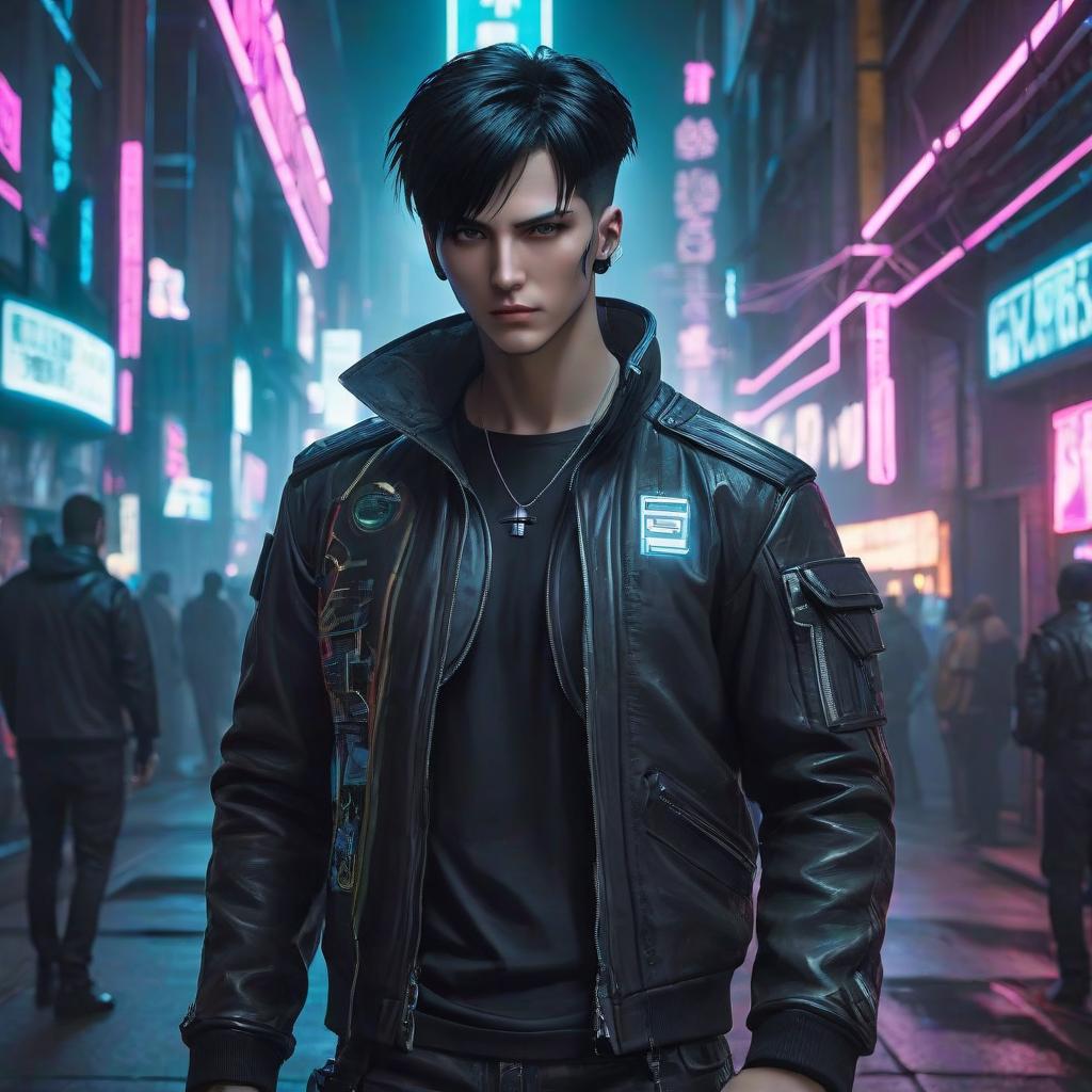  cyberpunk game style A cyberpunk style guy, short black hair. T shirts, hooked nose, wearing cyberpunk clothes, and telekinesis abilities. . neon, dystopian, futuristic, digital, vibrant, detailed, high contrast, reminiscent of cyberpunk genre video games hyperrealistic, full body, detailed clothing, highly detailed, cinematic lighting, stunningly beautiful, intricate, sharp focus, f/1. 8, 85mm, (centered image composition), (professionally color graded), ((bright soft diffused light)), volumetric fog, trending on instagram, trending on tumblr, HDR 4K, 8K