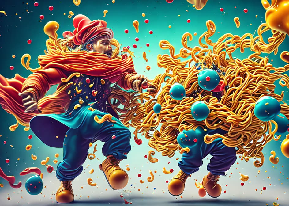 IN THE STYLE OF <MAGIFACTORY> Create a chaotic design featuring a swarm of macaroni noodles escaping from a boiling pot, with a chef desperately trying to catch them with a colander. Add speech bubbles with exclamations like "Macaroni Madness: It's a Pasta pocalypse!". hyperrealistic, full body, detailed clothing, highly detailed, cinematic lighting, stunningly beautiful, intricate, sharp focus, f/1. 8, 85mm, (centered image composition), (professionally color graded), ((bright soft diffused light)), volumetric fog, trending on instagram, trending on tumblr, HDR 4K, 8K