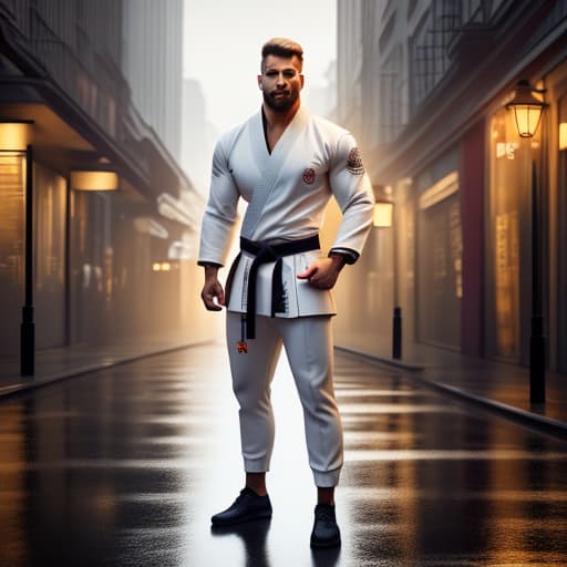  Brysli karate hyperrealistic, full body, detailed clothing, highly detailed, cinematic lighting, stunningly beautiful, intricate, sharp focus, f/1. 8, 85mm, (centered image composition), (professionally color graded), ((bright soft diffused light)), volumetric fog, trending on instagram, trending on tumblr, HDR 4K, 8K