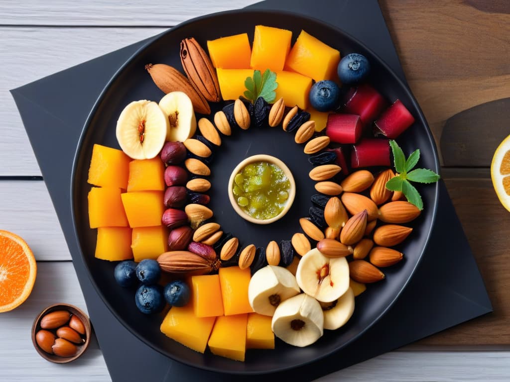  A closeup, ultradetailed image of a perfectly styled and arranged assortment of various nuts and dried fruits on a sleek, modern, matte black plate. The nuts are carefully placed in a symmetrical pattern, showcasing their textures and colors in exquisite detail. Each nut and fruit is meticulously positioned to create a harmonious balance of shapes and shades, highlighting their natural beauty and inviting the viewer to appreciate the intricate details of each ingredient. hyperrealistic, full body, detailed clothing, highly detailed, cinematic lighting, stunningly beautiful, intricate, sharp focus, f/1. 8, 85mm, (centered image composition), (professionally color graded), ((bright soft diffused light)), volumetric fog, trending on instagram, trending on tumblr, HDR 4K, 8K