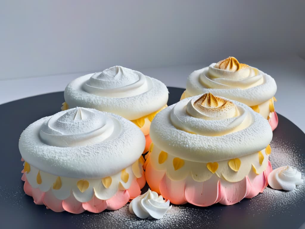  An ultradetailed closeup image of two perfectly baked meringues side by side on a sleek, matte black surface. The meringues are beautifully goldenbrown, with a delicate crisp exterior that glistens under soft lighting. Each meringue is elegantly dusted with a light sprinkling of powdered sugar, emphasizing their smooth, glossy peaks that delicately taper off. The background is a subtle gradient of muted pastel colors, creating a minimalist and sophisticated aesthetic that highlights the intricate textures and details of the meringues. hyperrealistic, full body, detailed clothing, highly detailed, cinematic lighting, stunningly beautiful, intricate, sharp focus, f/1. 8, 85mm, (centered image composition), (professionally color graded), ((bright soft diffused light)), volumetric fog, trending on instagram, trending on tumblr, HDR 4K, 8K