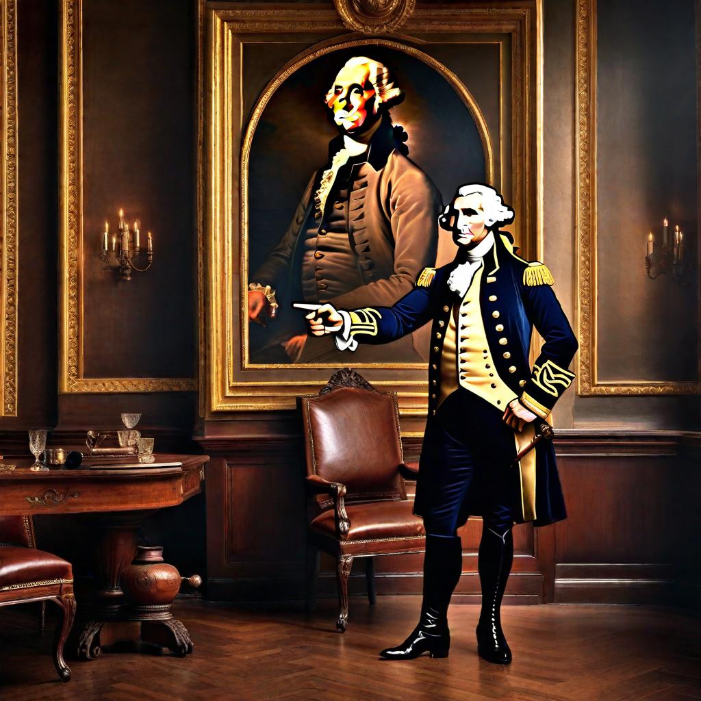  george washington pointing to a blank poster on the wall hyperrealistic, full body, detailed clothing, highly detailed, cinematic lighting, stunningly beautiful, intricate, sharp focus, f/1. 8, 85mm, (centered image composition), (professionally color graded), ((bright soft diffused light)), volumetric fog, trending on instagram, trending on tumblr, HDR 4K, 8K