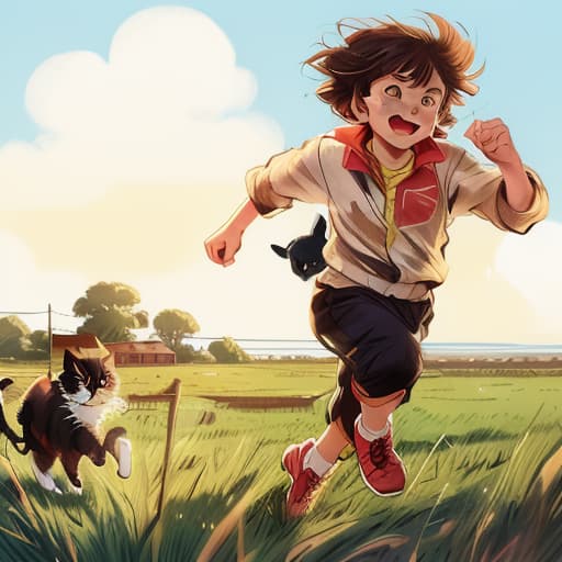  a boy is runnig, a cat following