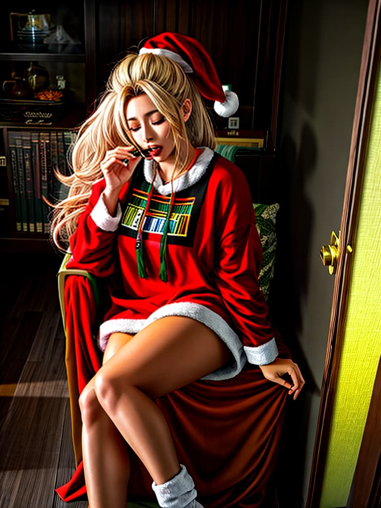  long hair,absurdly long hair,gyaru,ponytail,messy hair, hair,open mouth,drooling,saliva trail,unconscious,,santa, dress,bare legs, old  hyperrealistic, full body, detailed clothing, highly detailed, cinematic lighting, stunningly beautiful, intricate, sharp focus, f/1. 8, 85mm, (centered image composition), (professionally color graded), ((bright soft diffused light)), volumetric fog, trending on instagram, trending on tumblr, HDR 4K, 8K