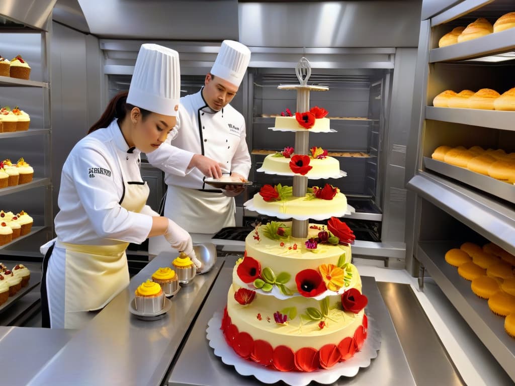  A photorealistic image of two pastry chefs working together in a modern bakery kitchen, surrounded by stainless steel appliances and shelves filled with colorful ingredients. One chef is carefully piping intricate designs on a multitiered wedding cake, while the other is delicately placing edible flowers on a batch of freshly baked cupcakes. The warm glow of the oven illuminates the scene, highlighting the chefs' focused expressions and the intricate details of their creations. hyperrealistic, full body, detailed clothing, highly detailed, cinematic lighting, stunningly beautiful, intricate, sharp focus, f/1. 8, 85mm, (centered image composition), (professionally color graded), ((bright soft diffused light)), volumetric fog, trending on instagram, trending on tumblr, HDR 4K, 8K